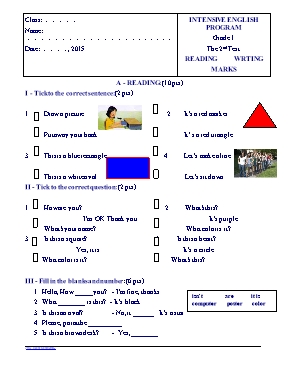 Đề kiểm tra số 2 học kì I môn Tiếng Anh Lớp 1 năm 2015